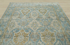 Multi Size Aqua Beige Gold Color Hand Knotted Oushak Wool Traditional Oriental Rug
