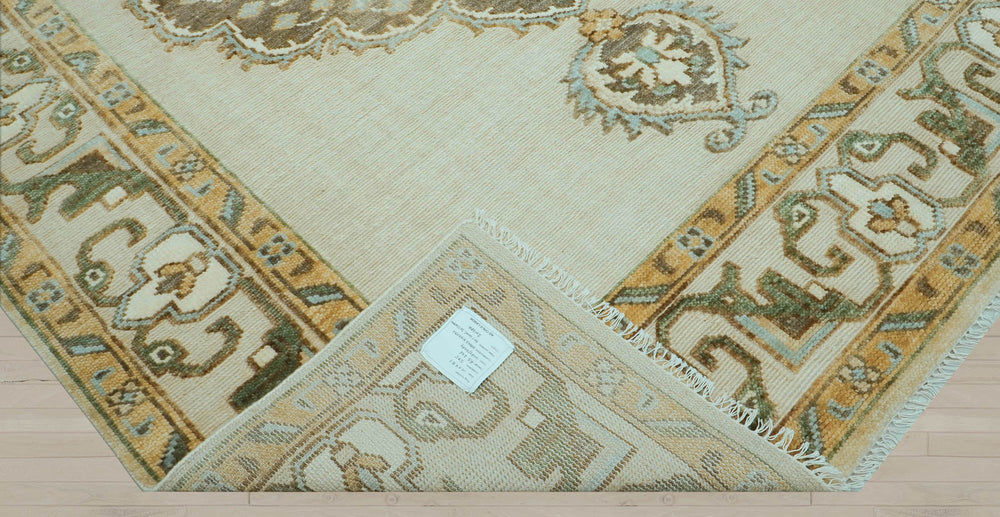 8x10 Beige, Green, Gold Color Hand Knotted Oushak Wool Oriental Rug