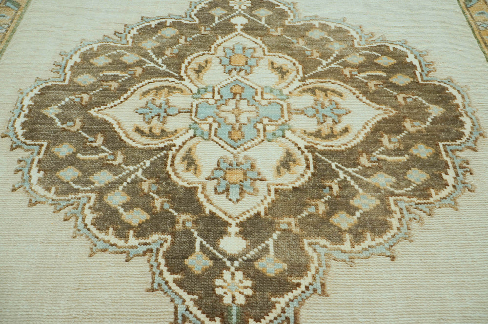 8x10 Beige, Green, Gold Color Hand Knotted Oushak Wool Oriental Rug