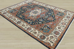 Multi Size Navy Ivory Brunt Orange Color Hand Knotted Oushak Wool Traditional Oriental Rug