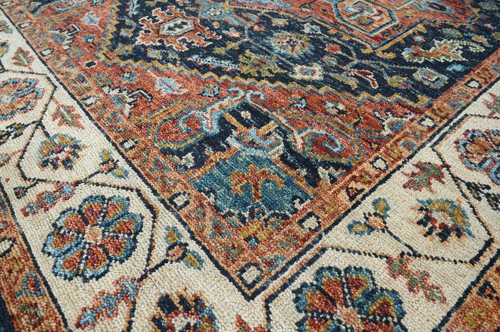 Multi Size Navy Ivory Brunt Orange Color Hand Knotted Oushak Wool Traditional Oriental Rug