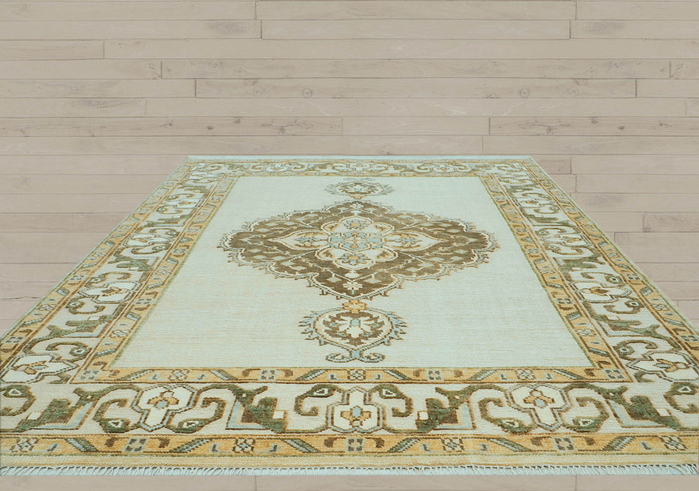 8x10 Beige, Green, Gold Color Hand Knotted Oushak Wool Oriental Rug