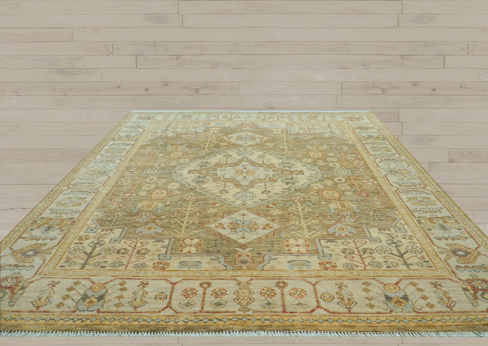 8x10 Green, Beige, Lime Color Hand Knotted Oushak Wool Traditional Oriental Rug