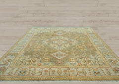 8x10 Green, Beige, Lime Color Hand Knotted Oushak Wool Traditional Oriental Rug
