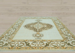 8x10 Beige, Green, Gold Color Hand Knotted Oushak Wool Oriental Rug