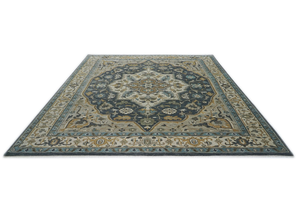 12x15 Blue, Gray, Beige Color Hand Knotted Oushak Wool Oriental Rug