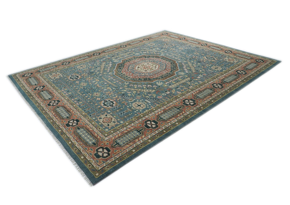 12x15 Blue, Rose, Green Color Hand Knotted Oushak Wool Traditional Oriental Rug