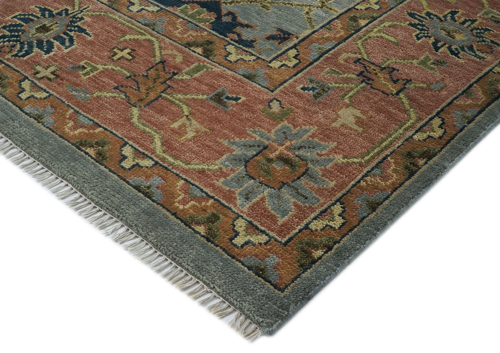 12x15 Blue, Peach, Lime Color Hand Knotted Oushak Wool Oriental Rug