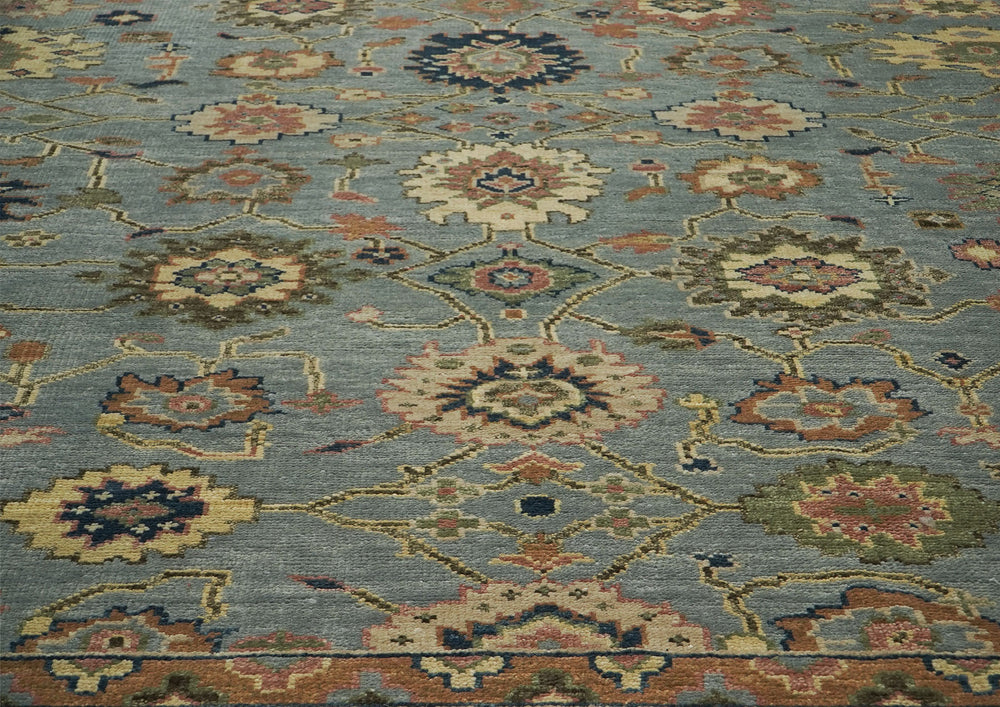 12x15 Blue, Peach, Lime Color Hand Knotted Oushak Wool Oriental Rug