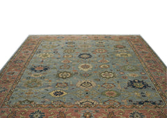 12x15 Blue, Peach, Lime Color Hand Knotted Oushak Wool Oriental Rug