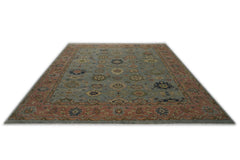 12x15 Blue, Peach, Lime Color Hand Knotted Oushak Wool Oriental Rug