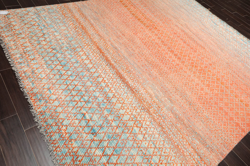 8x10 Orange, Blue, Beige Color Hand Knotted 100% Wool Modern Oriental Rug