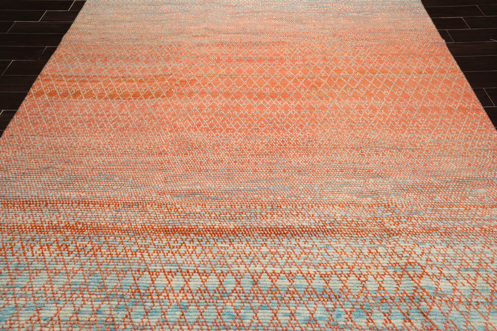 8x10 Orange, Blue, Beige Color Hand Knotted 100% Wool Modern Oriental Rug