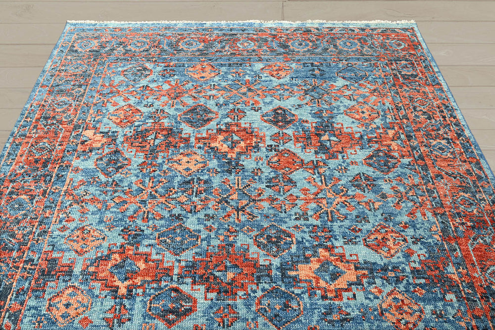 Multi Size Blue Burnt Orange Peach Color Hand Knotted Indo Oushak Wool Traditional Oriental Rug