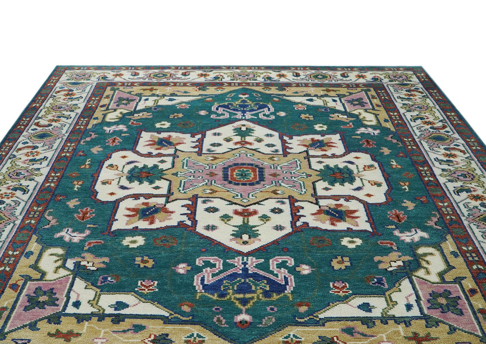9x12 Teal, Ivory, Green Color Hand Knotted Oushak Wool Oriental Rug