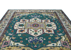 9x12 Teal, Ivory, Green Color Hand Knotted Oushak Wool Oriental Rug