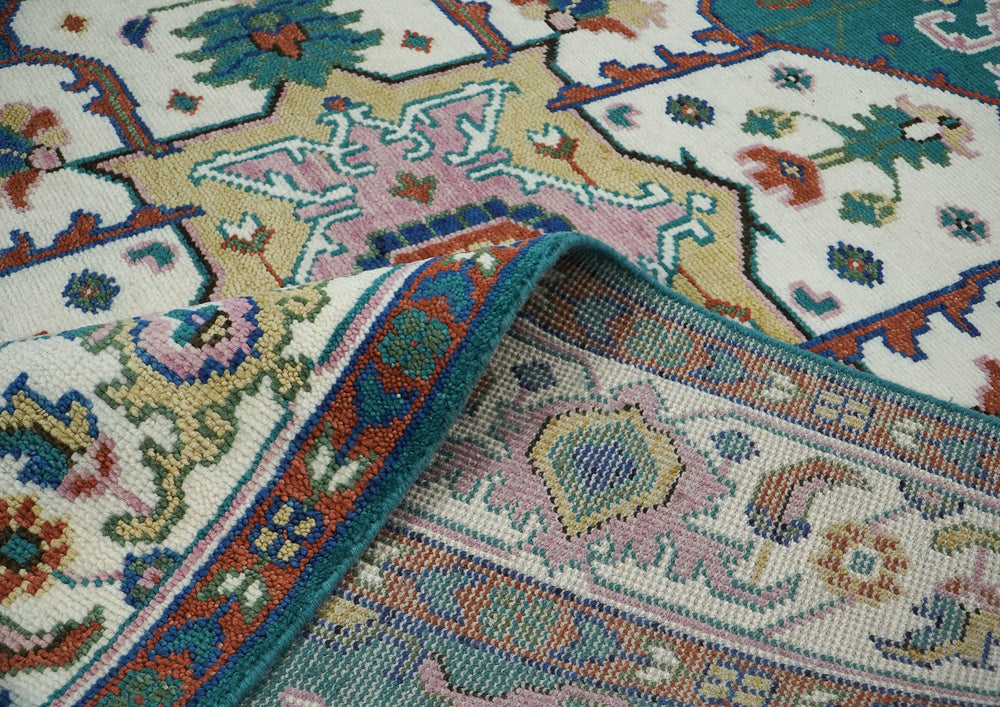 9x12 Teal, Ivory, Green Color Hand Knotted Oushak Wool Oriental Rug