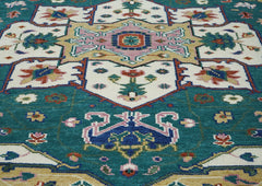 9x12 Teal, Ivory, Green Color Hand Knotted Oushak Wool Oriental Rug