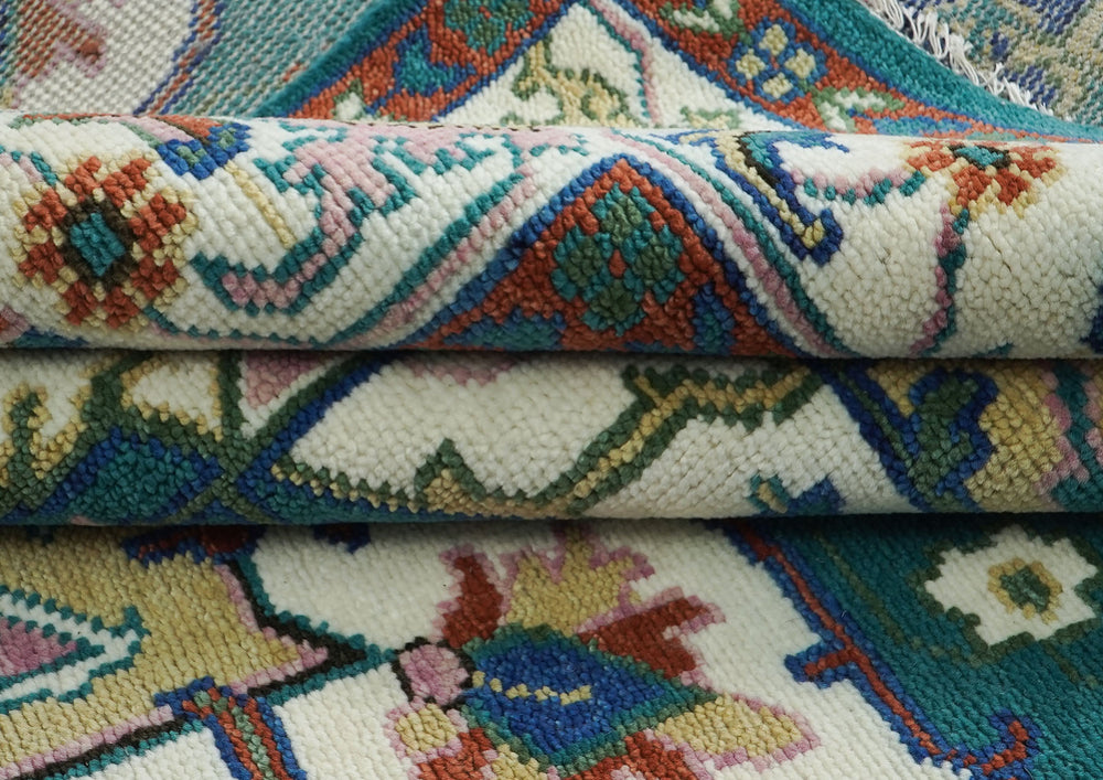 9x12 Teal, Ivory, Green Color Hand Knotted Oushak Wool Oriental Rug
