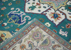 9x12 Teal, Ivory, Green Color Hand Knotted Oushak Wool Oriental Rug