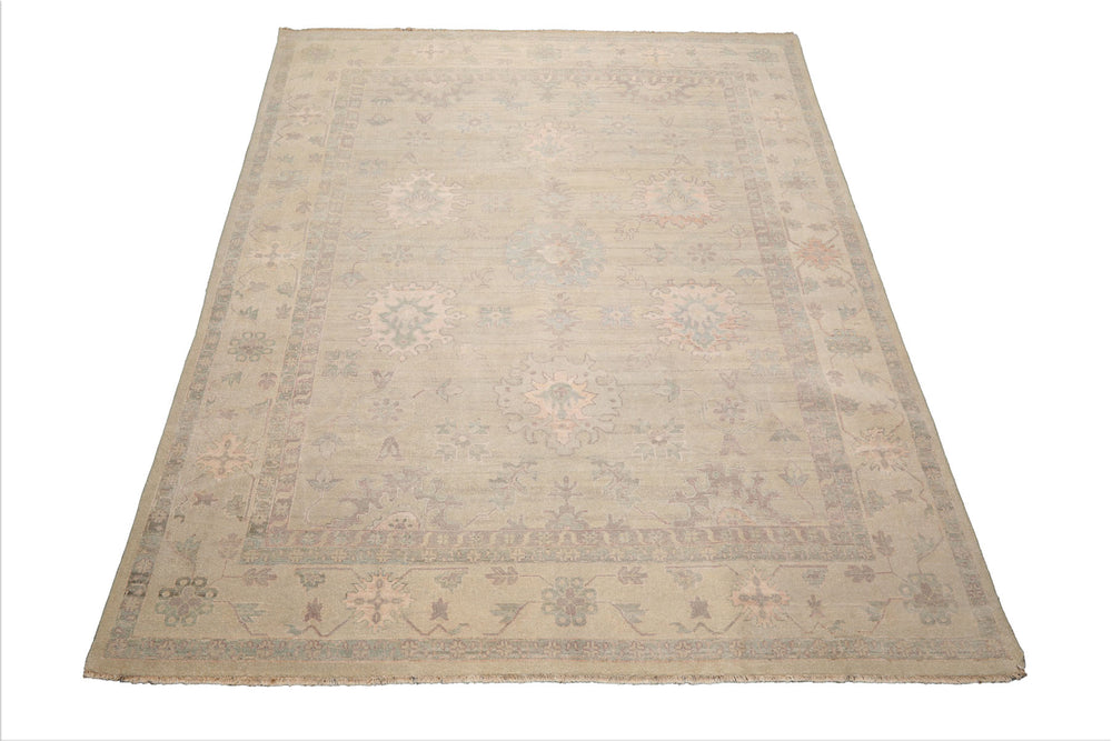 9x12 Moss, Beige, Blush Color Hand Knotted Afghan Oushak Wool Traditional Oriental Rug
