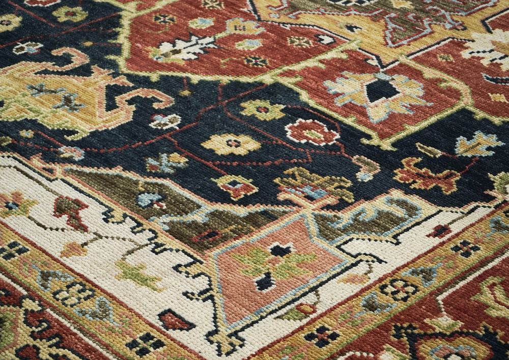 9x12 Blue, Burnt Orange, Ivory Color Hand Knotted Oushak Wool Oriental Rug