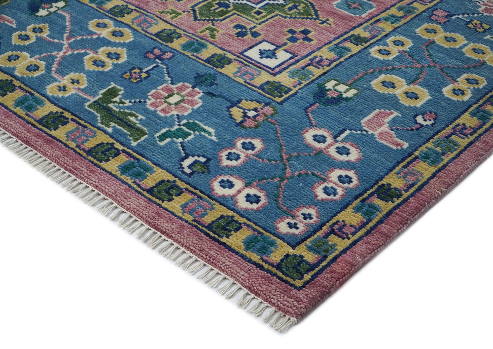 9x12 Pink, Blue, Ivory Color Hand Knotted Oushak Wool Oriental Rug