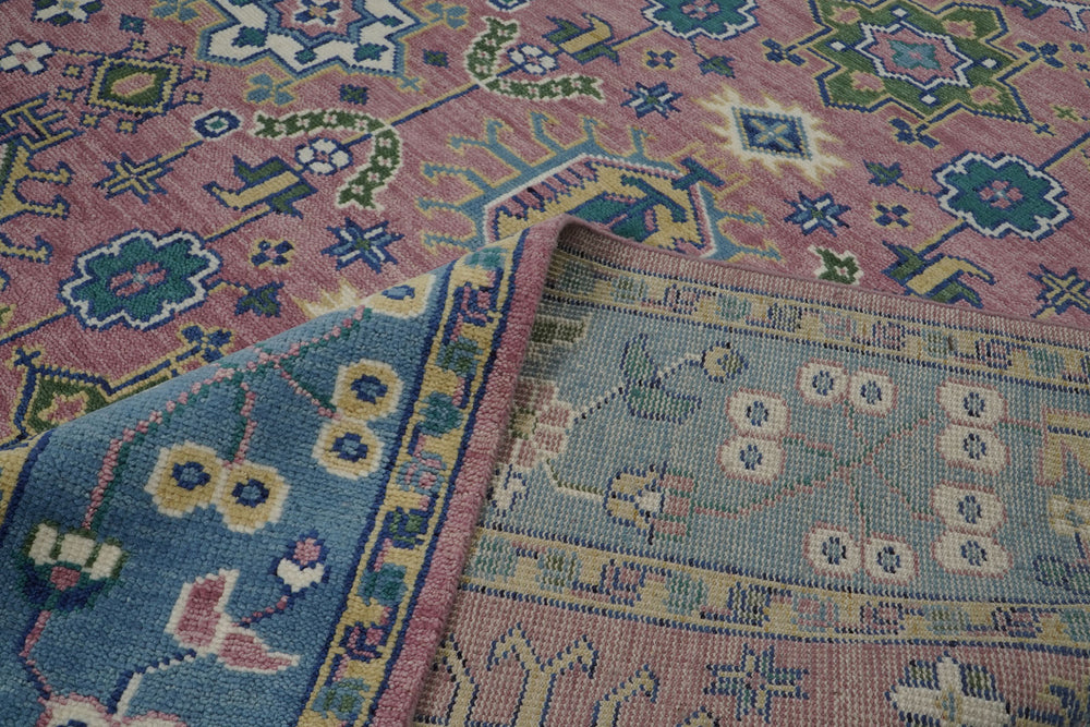 9x12 Pink, Blue, Ivory Color Hand Knotted Oushak Wool Oriental Rug