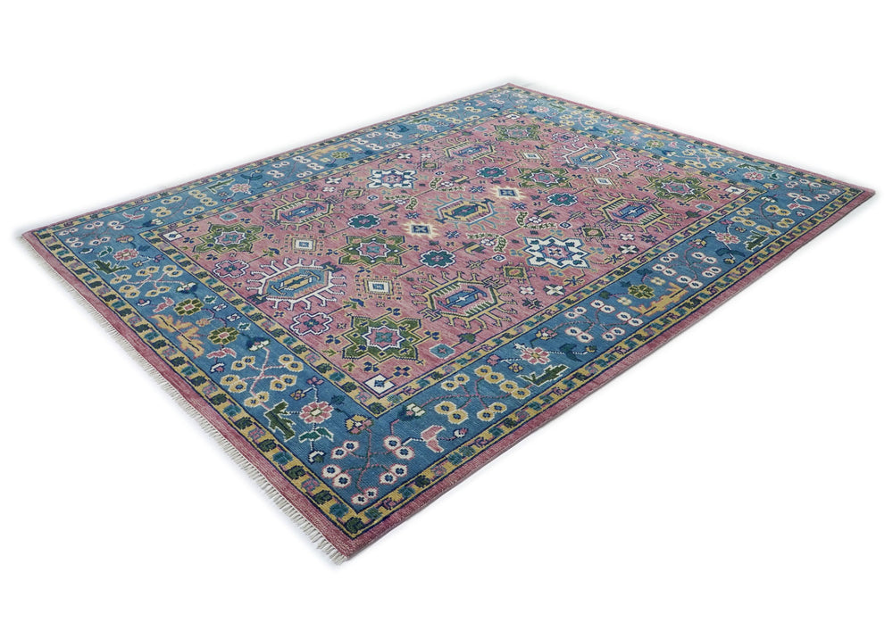 9x12 Pink, Blue, Ivory Color Hand Knotted Oushak Wool Oriental Rug
