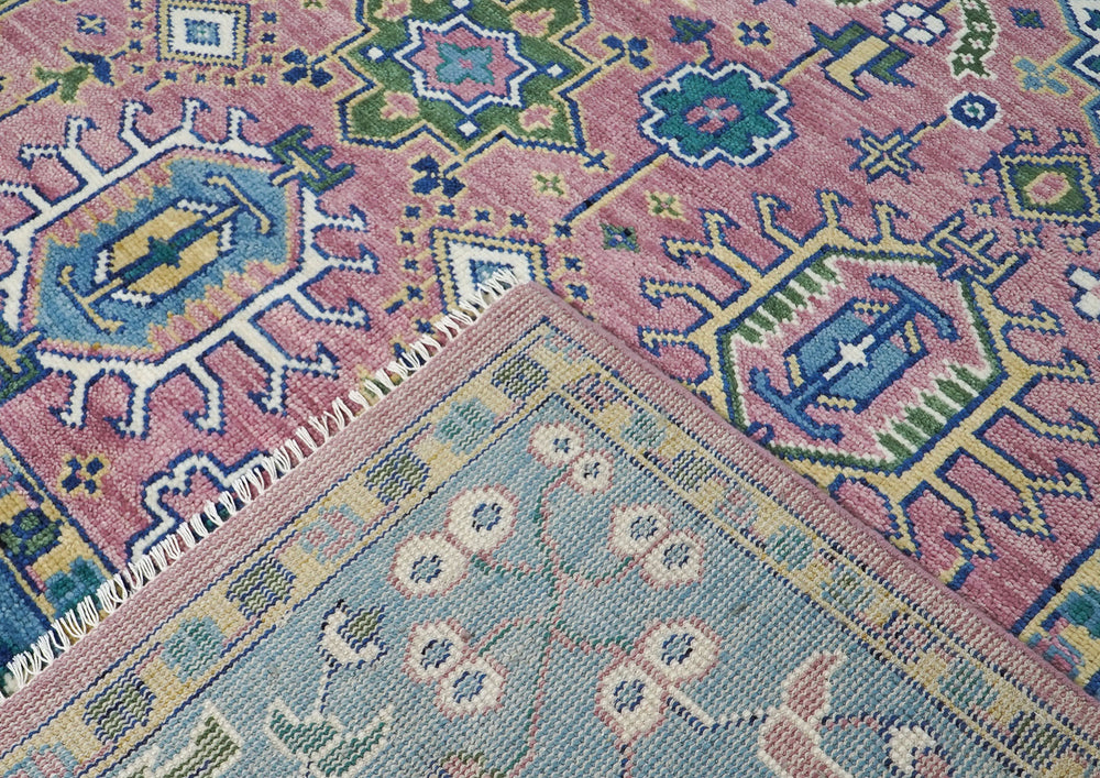 9x12 Pink, Blue, Ivory Color Hand Knotted Oushak Wool Oriental Rug