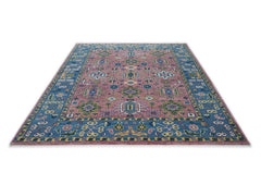 9x12 Pink, Blue, Ivory Color Hand Knotted Oushak Wool Oriental Rug