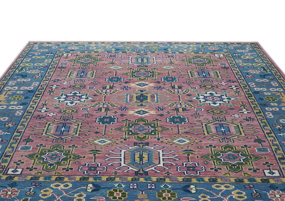9x12 Pink, Blue, Ivory Color Hand Knotted Oushak Wool Oriental Rug