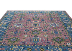9x12 Pink, Blue, Ivory Color Hand Knotted Oushak Wool Oriental Rug