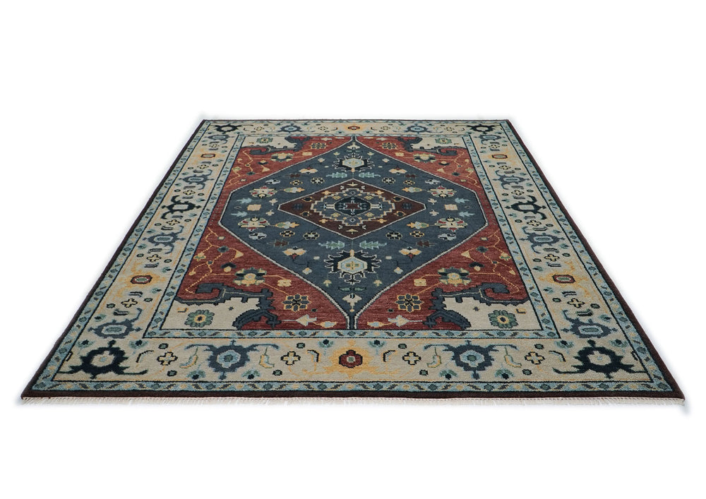 9x12 Blue, Burnt Orange, Beige Color Hand Knotted Oushak Wool Traditional Oriental Rug