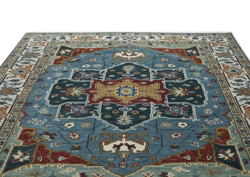 9x12 Blue, Ivory, Mint Color Hand Knotted Oushak Wool Oriental Rug