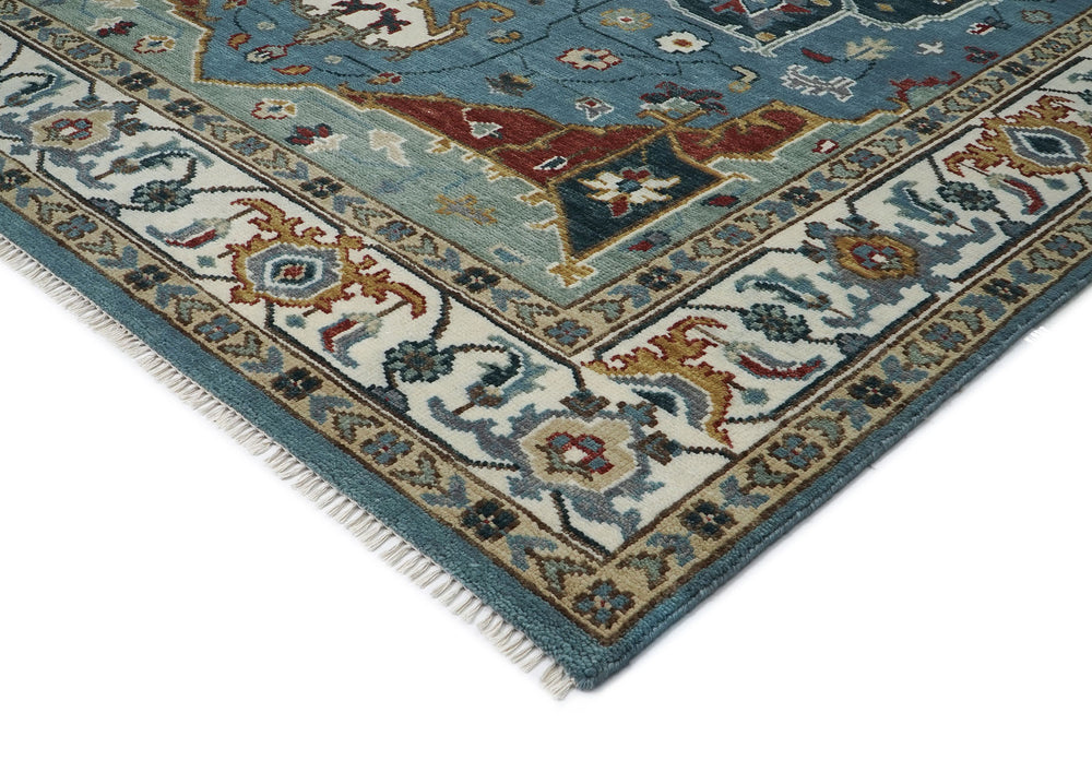 9x12 Blue, Ivory, Mint Color Hand Knotted Oushak Wool Oriental Rug