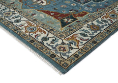 9x12 Blue, Ivory, Mint Color Hand Knotted Oushak Wool Oriental Rug