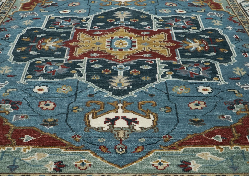 9x12 Blue, Ivory, Mint Color Hand Knotted Oushak Wool Oriental Rug