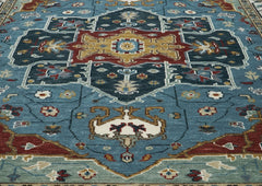 9x12 Blue, Ivory, Mint Color Hand Knotted Oushak Wool Oriental Rug