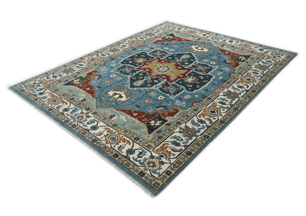9x12 Blue, Ivory, Mint Color Hand Knotted Oushak Wool Oriental Rug