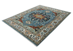9x12 Blue, Ivory, Mint Color Hand Knotted Oushak Wool Oriental Rug