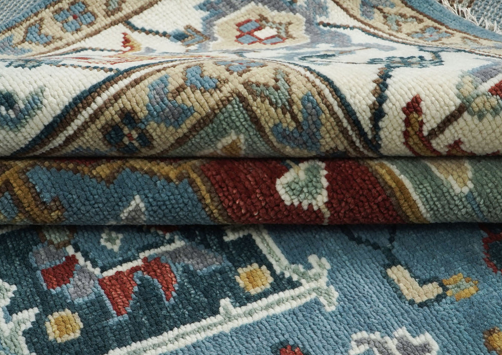 9x12 Blue, Ivory, Mint Color Hand Knotted Oushak Wool Oriental Rug