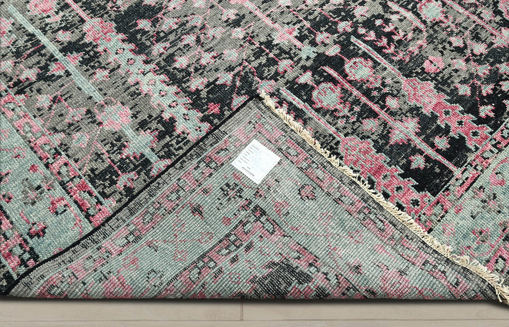 Multi Size Black Gray Mint Color Hand Knotted Indo Oushak Wool Traditional Oriental Rug