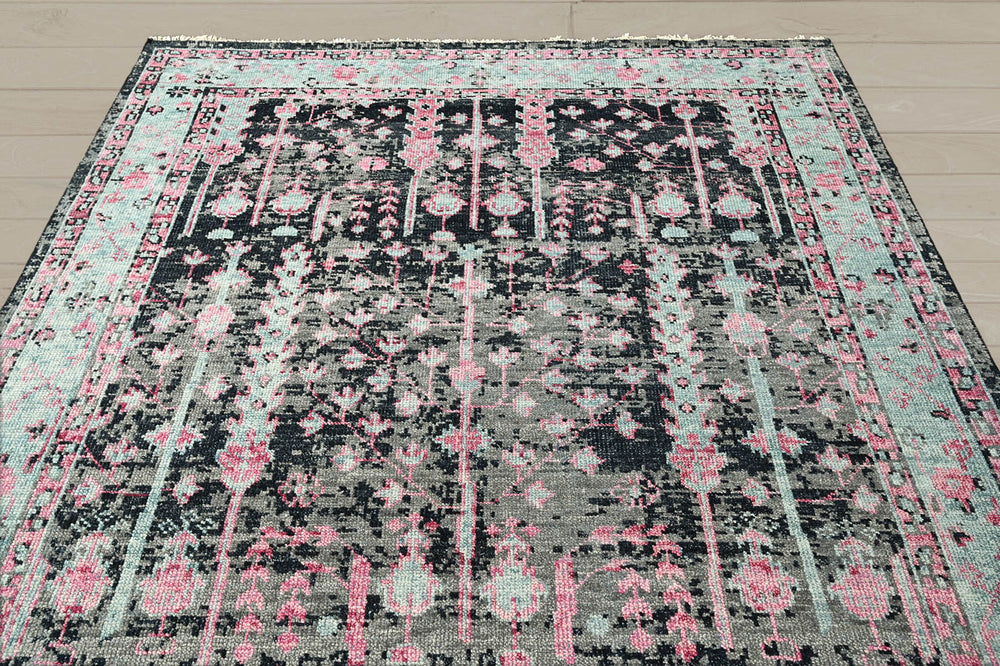 Multi Size Black Gray Mint Color Hand Knotted Indo Oushak Wool Traditional Oriental Rug