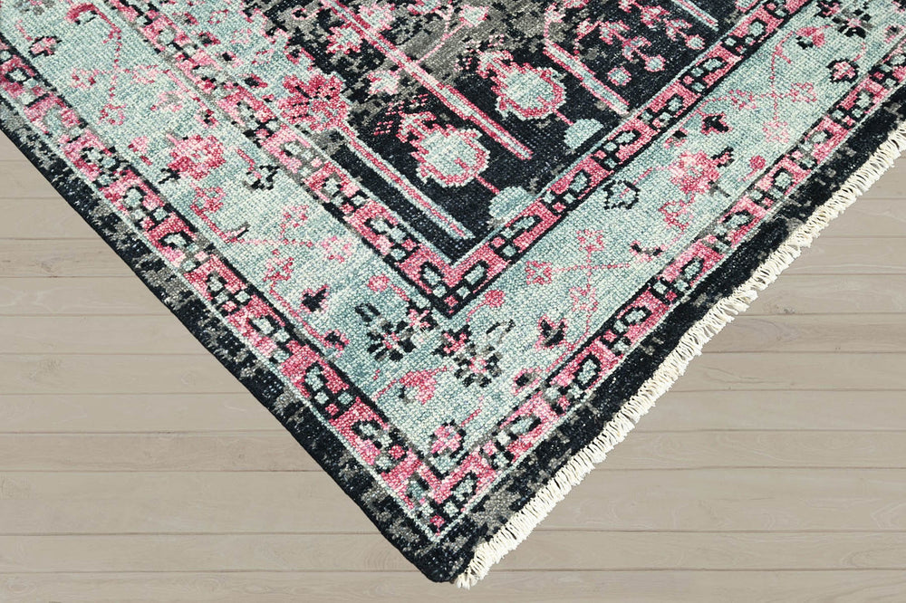 Multi Size Black Gray Mint Color Hand Knotted Indo Oushak Wool Traditional Oriental Rug
