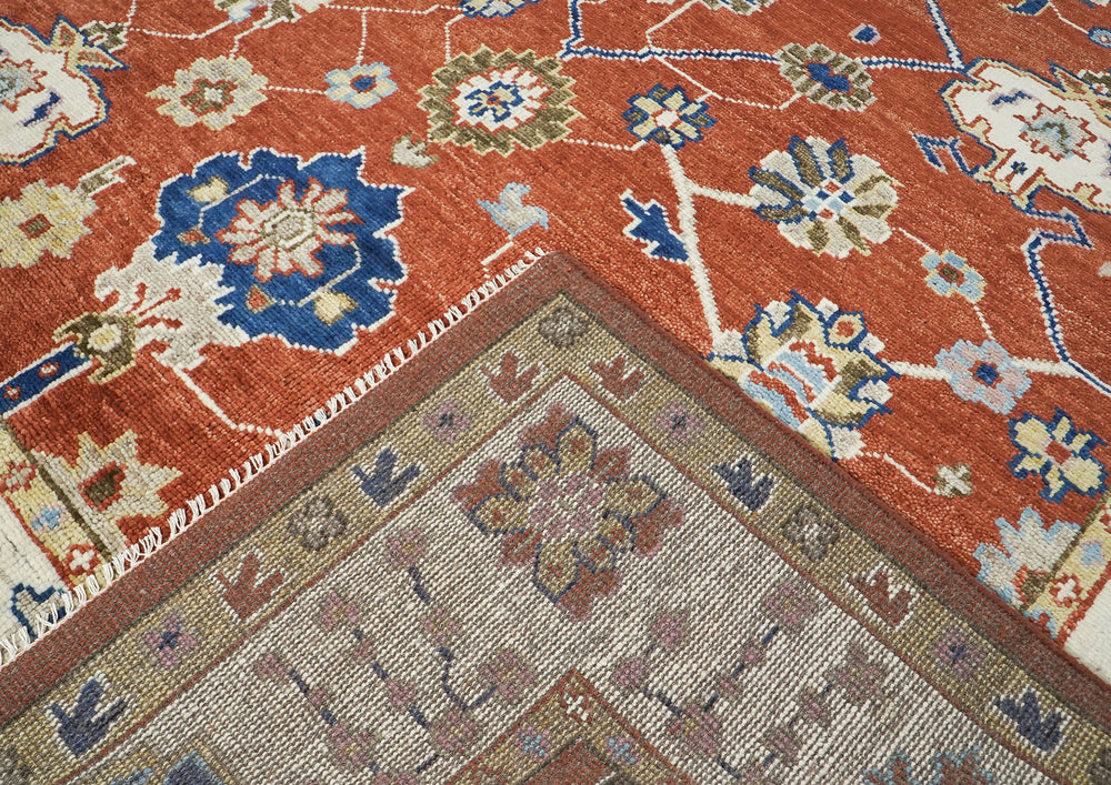 9x12 Burnt Orange, Ivory, Navy Color Hand Knotted Oushak Wool Oriental Rug