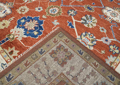 9x12 Burnt Orange, Ivory, Navy Color Hand Knotted Oushak Wool Oriental Rug
