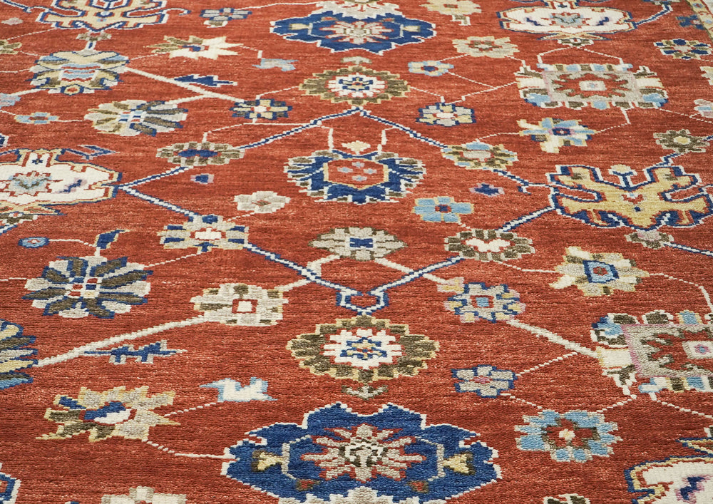 9x12 Burnt Orange, Ivory, Navy Color Hand Knotted Oushak Wool Oriental Rug