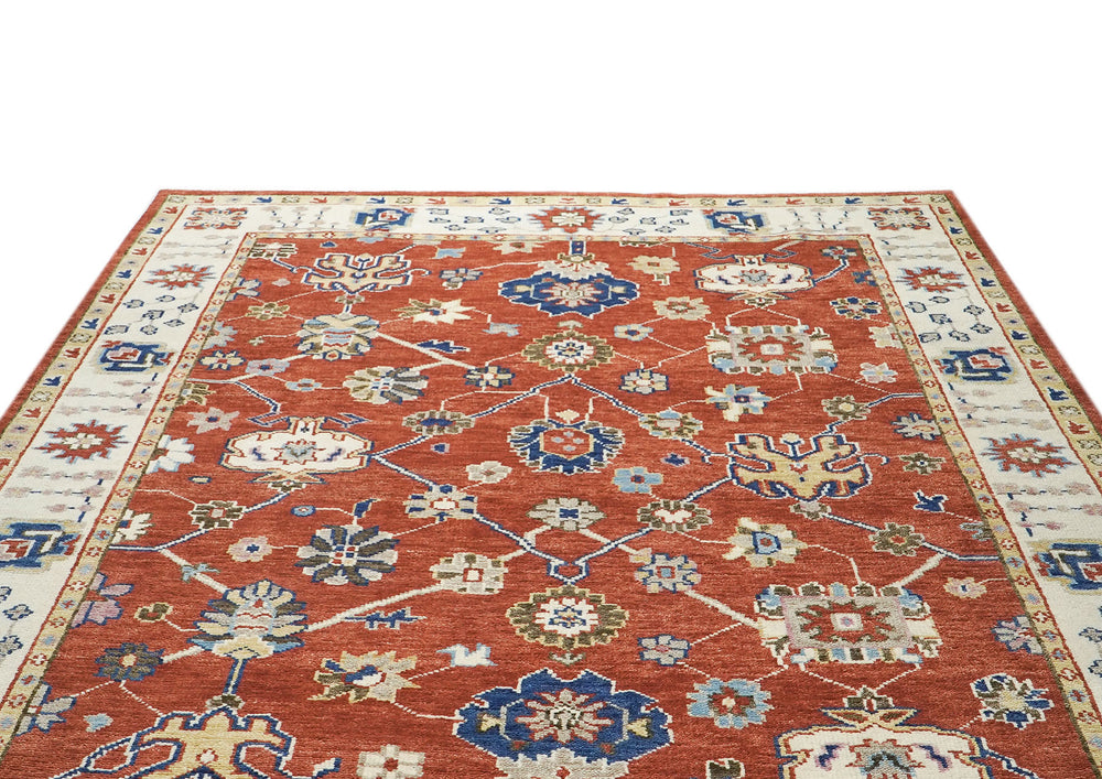 9x12 Burnt Orange, Ivory, Navy Color Hand Knotted Oushak Wool Oriental Rug