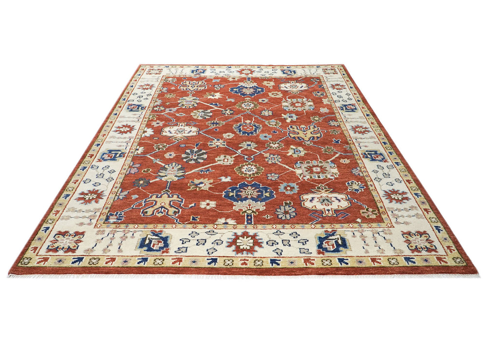 9x12 Burnt Orange, Ivory, Navy Color Hand Knotted Oushak Wool Oriental Rug